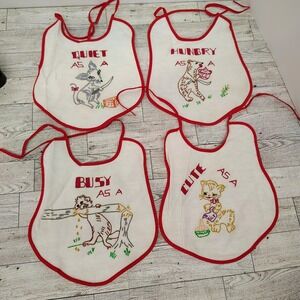 Vintage Baby Bibs Set‎ of 4 Animal Designs Red Trim Funny Cute Mouse Kitten Bear
